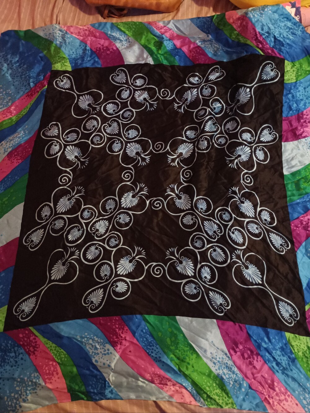 Silk Black Scarf with White Floral Scroll Print - Women's Accessory